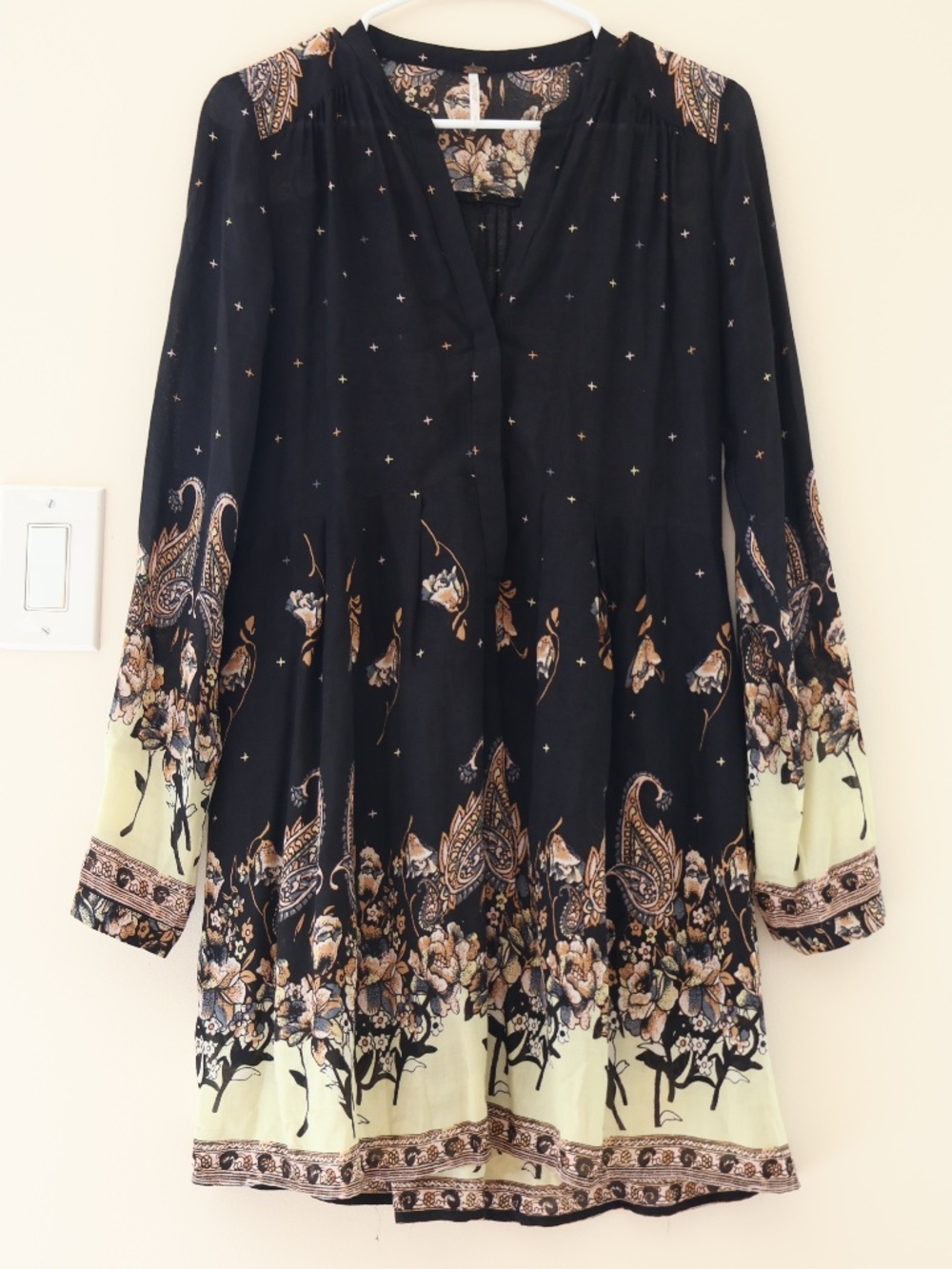 Free People Sierra Valley Black Floral Paisley Celestial Tunic Dress Flowy Boho